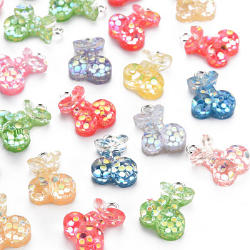 Epoxy Resin Pendants, with Sequins/Paillette and Platinum Plated Iron Loop, Cherry, Mixed Color, 17x13x6.5mm, Hole: 2mm