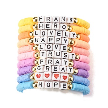 10Pcs 10 Style Inspirational Word Stretch Bracelets Set, Polymer Clay Heishi Beaded Preppy Bracelets for Women, Mixed Color, Inner Diameter: 2-1/8 inch(5.5cm)