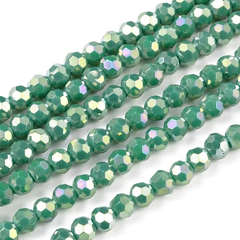 Round Full Rainbow Plated Faceted(32 Facets) Electroplate Glass Beads Strands, Medium Sea Green, 4mm, Hole: 1mm, about 90~95pcs/strand, 12.8~13.6 inch(32~34cm)
