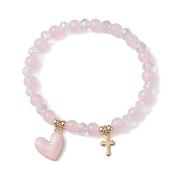 Glass Round Beaded Stretch Bracelets, with Alloy Wing & 304 Stainless Steel Heart Charms, Pink, Inner Diameter: 2-1/8 inch(5.4cm)