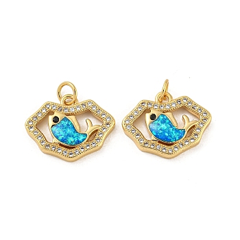 Brass Micro Pave Cubic Zirconia with Synthetic Opal Pendants, with Jump Ring, Real 18K Gold Plated, Whale, 14.5x18.5x3.5mm