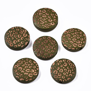 Painted Natural Wood Beads, Laser Engraved Pattern, Flat Round with Leopard Print, Dark Olive Green, 15x4.5mm, Hole: 1.5mm