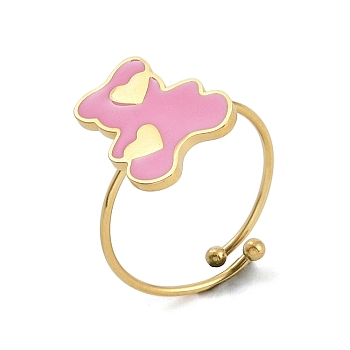 Bear with Heart 304 Stainless Steel Enamel Ring, 316 Surgical Stainless Steel Open Cuff Ring for Women, Real 18K Gold Plated, Real 18K Gold Plated, Adjustable