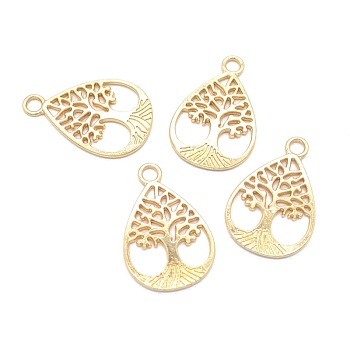 Tibetan Style Alloy Pendants, Teardrop with Tree of Life Charms, Light Gold, 32x21mm