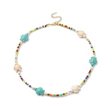 Tortoise Dyed Synthetic Turquoise & Shell Pearl & Glass Seed Beaded Necklace, Ocean Theme Jewelry for Women, Colorful, 17.28 inch(43.9cm)