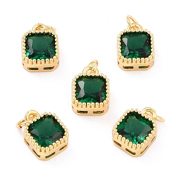 Real 18K Gold Plated Brass Inlaid Cubic Zirconia Charms, with Jump Ring, Long-Lasting Plated, Square, Green, 9.5x7x4mm, Jump Ring: 4x0.5mm, 2.5mm Inner Diameter