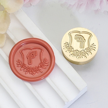 Golden Tone Round Wax Seal Brass Stamp Heads, for Wax Seal Stamp, Flower with Letter Pattern, Letter F, 20x14mm, Inner Diameter: 7mm