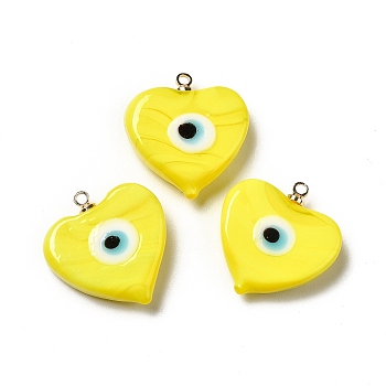 Handmade Lampwork Pendants, with Real 18K Gold Plated Plated Brass Finding, Cadmium Free & Lead Free, Heart with Evil Eye, Yellow, 19.5x18.2x5mm, Hole: 1.4mm