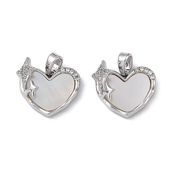 Brass & Shell & Clear Cubic Zirconia Charms, Heart & Star Charms, Platinum, 12.5x15.5x6mm, Hole: 2.5x4mm
