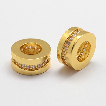Brass Micro Pave Cubic Zirconia Beads, Column, Large Hole Beads, Lead Free & Nickel Free, Golden, 10.5x5mm, Hole: 5.5mm