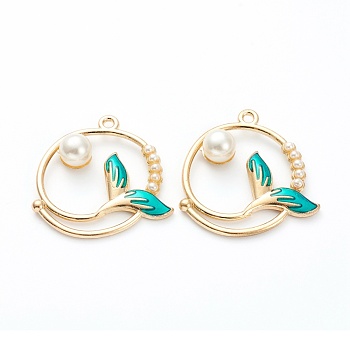 Alloy Enamel Pendants, Jewelry Accessory, Light Gold, Ring with Tail Shape, Light Sea Green, 30.5x29x7.5mm, Hole: 1.8mm