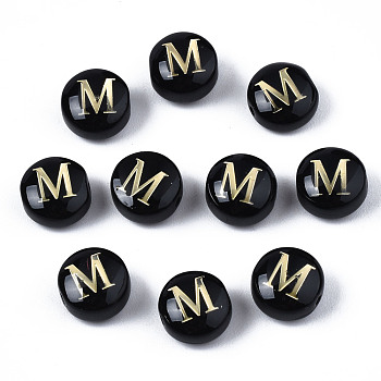 Handmade Lampwork Beads, with Golden Plated Brass Etched Metal Embellishments, Flat Round with Alphabet, Letter.M, 8x5mm, Hole: 0.8mm