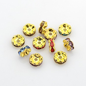 Brass Rhinestone Spacer Beads, Grade A  Mix, Rondelle, Golden and Nickel Free, Assorted Colors, about 8mm in diameter, 3.8mm thick, hole: 1.5mm