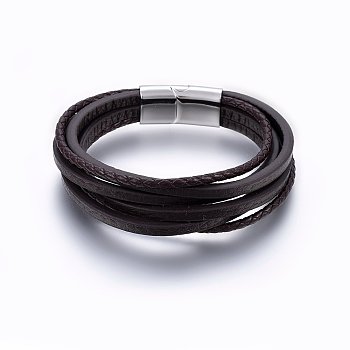 Leather Cord Multi-strand Bracelets, with 304 Stainless Steel Magnetic Clasp, Rectangle, Stainless Steel Color, 8-5/8 inch(22cm), 3~24x3mm
