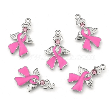 Breast Cancer Awareness Ribbon with Angel Wing Platinum Color Pearl Pink Alloy Rhinestone Enamel Pendants(X-ENAM-D001-2)-2