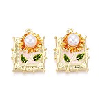 Rack Plating Alloy Enamel Pendants, Rectangle & Flower, with ABS Imitation Pearl, Light Gold, 27x20x9mm, Hole: 1.8mm(ENAM-N065-05KCG)