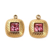 304 Stainless Steel Pendants, with Cerise Glass, Square Charms, Real 14K Gold Plated, 15x12x3.5mm, Hole: 1.8mm(STAS-L022-061G-04)