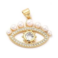 Brass Micro Pave Clear Cubic Zirconia Pendants, with ABS Plastic Imitation Pearl, Golden, Eye Charm, Snow, 19x26x4.8mm, Hole: 3.4x4.5mm(KK-M235-12G)