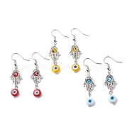 3 Pairs 3 Colors Evil Eye Lampwork Dangle Earring, Alloy Hamsa Hand Earring Jewelry for Women, Mixed Color, 50.5mm, Pin: 0.7mm, 1 pair/color(EJEW-JE05062)