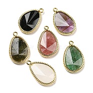 Natural Mixed Stone Faceted Pendants, Rack Plating Golden Plated Brass Teardrop Charms, 23x15x4~4.5mm, Hole: 1.4mm(G-M431-14G)