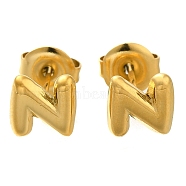 304 Stainless Steel Stud Earrings, Real 14K Gold Plated, Letter N, 7x7mm(EJEW-I316-01G-N)