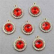 Golden Alloy Rhinestone Pendants, Flat Round Charms, Siam, 16mm, Hole: 1.5mm(RB-TAC0001-02A)