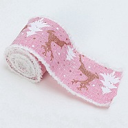 Christmas Theme Wired Linen Ribbon, Fuzzy Edged Ribbon, Deer & Christmas Tree Print, Pink, 2-1/2 inch(65mm), about 10.94 Yards(10m)/Roll(OCOR-G013-01A)