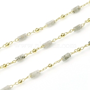 3.28 Feet Handmade Natural Labradorite Beaded Chains, Real 18K Gold Plated Plated Brass Chains, Soldered, Long-Lasting Plated, 4~5x2~2.5mm, Beads: 2mm, Link: 2x1x0.2mm and 2x1.5x0.2mm(X-CHC-E021-01E)