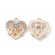 Alloy Crystal Rhinestone Pendants, Heart with Word Love Charms, Light Gold, 18x16x4mm, Hole: 1.6mm(FIND-C019-03KCG)