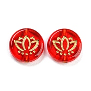 Plating Transparent Acrylic Beads, Golden Metal Enlaced, Flat Round with Flower, Red, 13.5x3.5mm, Hole: 1.8mm, about 877pcs/500g(OACR-A024-01C)