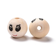 Printed Wood European Beads, Large Hole Round Bead with Smiling Face Pattern, Undyed, Bisque, 24.5x22.5mm, Hole: 4.9mm, about 104pcs/500g(WOOD-C001-03B-02)