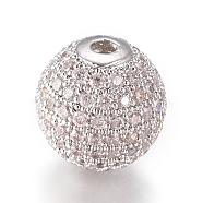 CZ Jewelry Brass Micro Pave Cubic Zirconia Round Beads, Clear, Platinum, 12mm, Hole: 2mm(ZIRC-M024-06P)