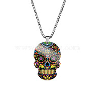 Stainless Steel Skull with Flower Pendant Necklaces, Halloween Jewelry for Women, Black, 23.62 inch(60cm)(SKUL-PW0001-138B)