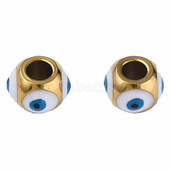 201 Stainless Steel Enamel Beads, Round with Evil Eye, Golden, White, 8.5x8.5x6mm, Hole: 3mm(STAS-N087-59-02G)