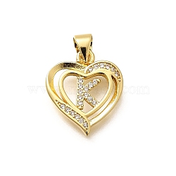 Rack Plating Brass Micro Pave Cubic Zirconia Pendants, Long-Lasting Plated, Lead Free & Cadmium Free,Real 18K Gold Plated, Heart with Letter Charms, Letter K, 17.5x15x2.5mm, Hole: 5x3mm(KK-L226-101G-K)