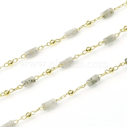 3.28 Feet Handmade Natural Labradorite Beaded Chains, Real 18K Gold Plated Plated Brass Chains, Soldered, Long-Lasting Plated, 4~5x2~2.5mm, Beads: 2mm, Link: 2x1x0.2mm and 2x1.5x0.2mm(X-CHC-E021-01E)
