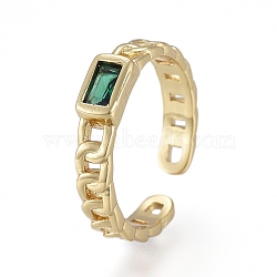 Brass Micro Pave Cubic Zirconia Cuff Rings, Open Rings, Long-Lasting Plated, Rectangle, Curb Chain Shape, Real 18K Gold Plated, Green, Size 6, Inner Diameter: 17mm(RJEW-K232-14G-01)