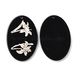 Opaque Flower Pattern Acrylic Pendants, with Shell, Black, Oval, 39.5x26x2.5mm, Hole: 1.8mm(BACR-D001-01G)