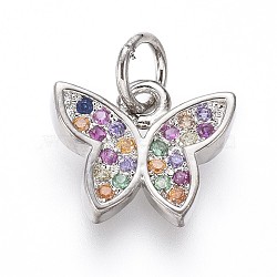 Brass Micro Pave Cubic Zirconia Charms, with Jump Rings, Butterfly, Colorful, Platinum, 9.5x11x2mm, Hole: 3mm(X-ZIRC-I032-59P)