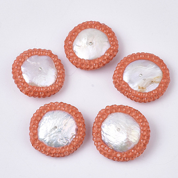 Polymer Clay Rhinestone Beads, with Natural Cultured Freshwater Pearl, Flat Round, Coral, 19~22x19~21x5~8mm, Hole: 0.7mm