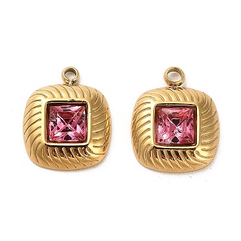 304 Stainless Steel Pendants, with Cerise Glass, Square Charms, Real 14K Gold Plated, 15x12x3.5mm, Hole: 1.8mm
