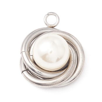 304 Stainless Steel Pendants, with Plastic Imitation Pearl, Tricyclic, Stainless Steel Color, 20x16x10mm, Hole: 2mm