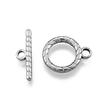 201 Stainless Steel Toggle Clasps, Twist Ring, Stainless Steel Color, Bar: 6x21x2mm, Hole: 2.5mm, Ring: 19x15x2mm, Hole: 2.8mm