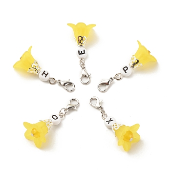 Frosted Flower Transparent Acrylic Pendant Decoration, with Natural & Dyed Malaysia Jade Beads and Random Mixed Letters Acrylic Beads, Zinc Alloy Lobster Claw Clasps and Iron Findings, Yellow, 41mm