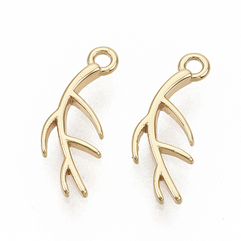 Brass Charms, Nickel Free, Real 18K Gold Plated, Branch, 13.5x5.5x1.5mm, Hole: 1.2mm