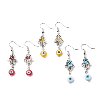 3 Pairs 3 Colors Evil Eye Lampwork Dangle Earring, Alloy Hamsa Hand Earring Jewelry for Women, Mixed Color, 50.5mm, Pin: 0.7mm, 1 pair/color