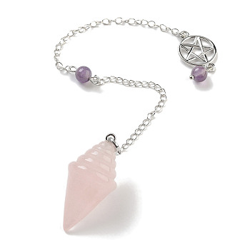 Natural Rose Quartz Pointed Dowsing Pendulums, with Rack Plating Brass Findings, Cone, 245mm