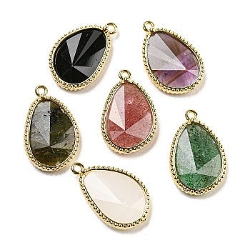 Natural Mixed Stone Faceted Pendants, Rack Plating Golden Plated Brass Teardrop Charms, 23x15x4~4.5mm, Hole: 1.4mm