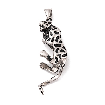 304 Stainless Steel Big Pendants, Leopard Charm, Antique Silver, 61.5x21.5x13mm, Hole: 4.5x9mm