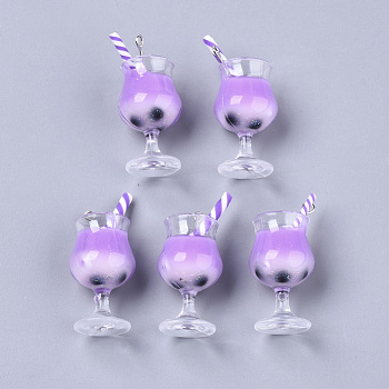 Plastic Goblet Pendants, Imitaion Bubble Tea/Boba Milk Tea Charms, with Epoxy Resin and Polymer Clay inside, Platinum Tone Iron Eye Pins, Two Tone, Medium Purple, 37~39x16.5mm, Hole: 1.8mm